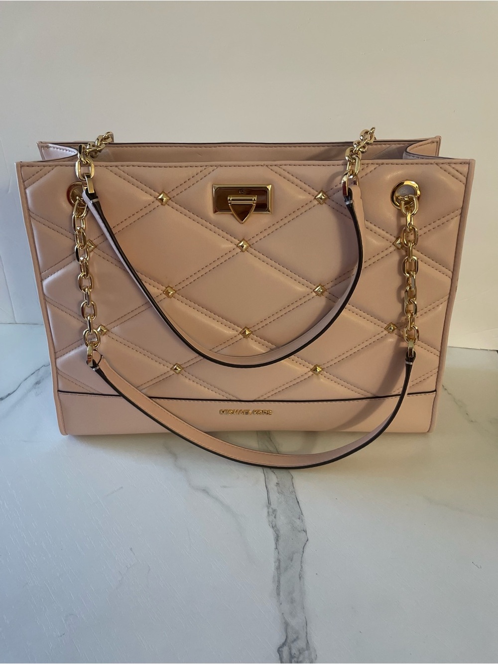 Michael Kors Quilted Shoulder Tote in Blush Pink with Gold Hardware